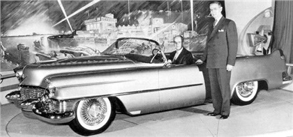 GM personnel, Don Ahrens (seated) and James Roche, posed with the 1953 Le Mans for this publicity photo.