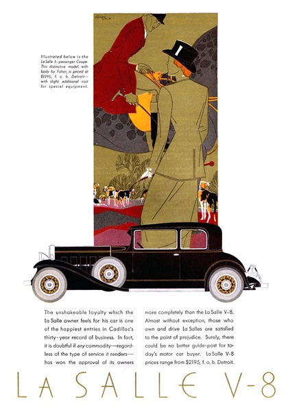 LaSalle V-8 Ad (October, 1931): Five-Passenger Coupe, with coachwork by Fisher - Illustrated by Leon Benigni