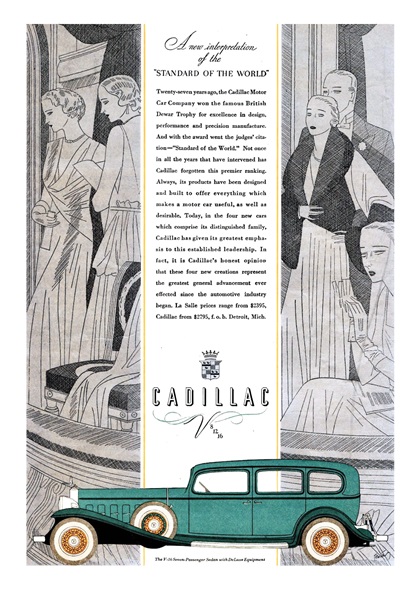 Cadillac V-16 Ad (February, 1932): Seven-Passenger Town Sedan - Illustrated by Robert Fawcett
