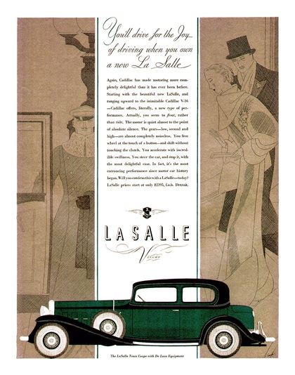 LaSalle V-8 Ad (February–March, 1932): Town Coupe - Illustrated by Robert Fawcett