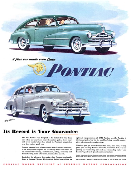 Pontiac DeLuxe Torpedo Sedan-Coupe/Streamliner 4-door Sedan Ad (1948): Its Record is Your Guarantee