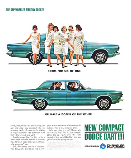 Dodge Dart Ad (1963): The dependables built by Dodge! - Room for six of one or half a dozen of the other