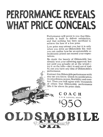 Oldsmobile Six Coach Ad (January, 1926): Performance reveals what price conceals