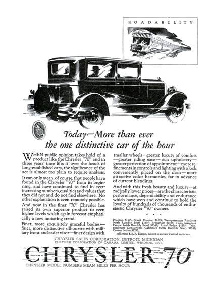 Chrysler "70" Ad (February, 1927): Roadability - Illustrated by Fred Cole