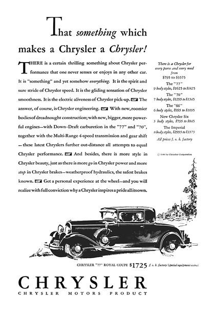 Chrysler "77" Royal Coupe Ad (1930) - Illustrated by Fred Cole(?)