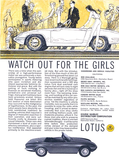 Lotus Elan Roadster Ad (March, 1964) - Watch out for the girls