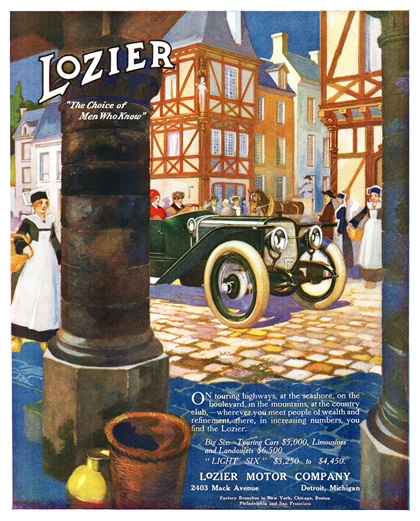 Lozier Touring Car Ad (February, 1913): On touring highways... you find the Lozier - The Choice of 'Men Who Know' - Illustrated by René Vincent