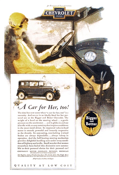 Chevrolet Ad (April, 1928): A Car fot Her, too! - Illustrated by Fred Mizen