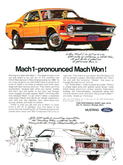 Ford Mustang Mach 1 Ad (April, 1970): Mach 1–pronounced Mach Won!