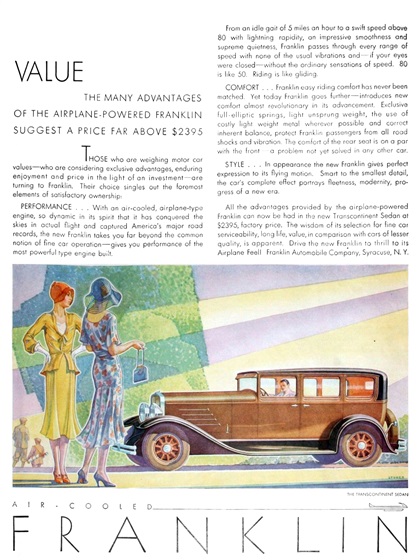 Franklin Transcontinent Sedan Ad (June, 1930): Value - Illustrated by Elmer Stoner