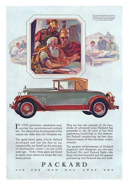 Packard Convertible Coupe Ad (November–December, 1927) – The Greek mathematician and inventor, Archimedes, discovered and used many of principles of mechanical engineering two hundred fifty years B.C.
