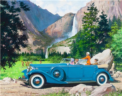 1933 Packard Sport Phaeton:  Down from the granite heights (Yosemite Falls) - Illustrated by Harry Anderson