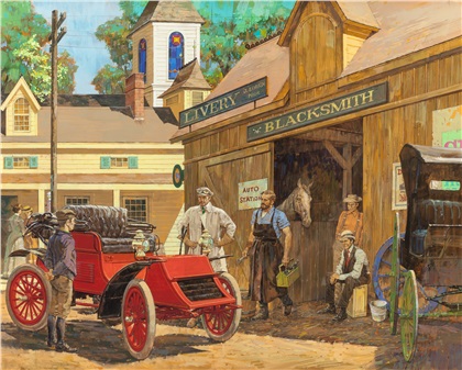 1902 Haynes-Apperson: The First Service Stations - Calendar illustration by Kenneth Riley