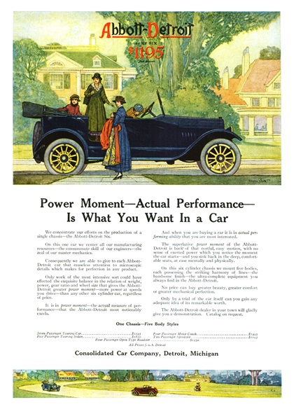 Abbott-Detroit Six Touring Car Ad (1916): Power Moment — Actual Performance — Is What You Want In a Car