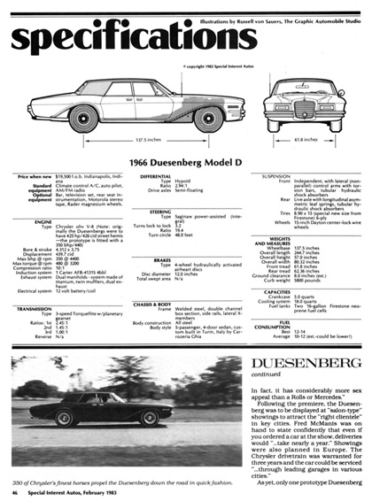 12-page driveReport by Ken Gross on the 1966 Duesenberg prototype from SIA #73 (February 1983)