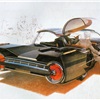 Concept car sketch made as a student in 1958, from Syd Mead's book Sentinel. - The dramatic, jet-tube after burner effect is enhanced by the precise bumper blade, but this Art Center transportation class assignment's most surprising element is the crisp, angular styling that anticipated the look of vehicles in the seventies.