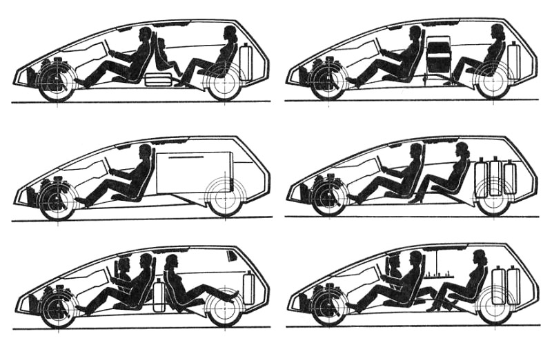 Изюминка проекта Х-1 заключалась в варьируемом салоне. На схеме приведены лишь несколько вариантов размещения пассажиров и багажа, на деле их гораздо больше. Практически идеальная концепция семейного автомобиля. Очень жаль, что она так и не получила развития.
