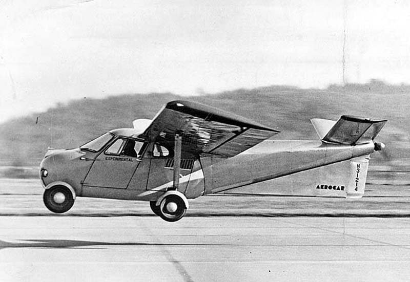 A Taylor-designed Aerocar takes off, probably at or near Longview, Washington, circa 1949