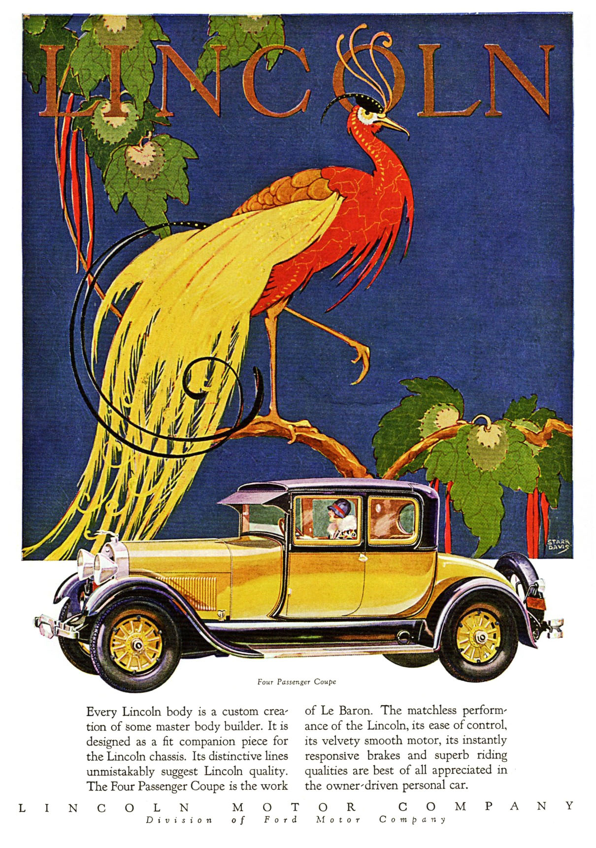 Lincoln Ad (February, 1928): Four-Passenger Coupe by Le Baron - Illustrated by Stark Davis