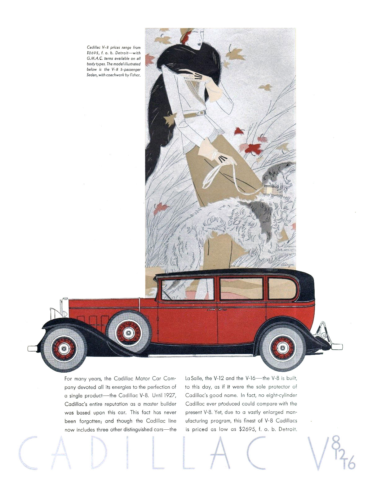 Cadillac V-8 Ad (September-November, 1931): Five-Passenger Sedan, with coachwork by Fisher - Illustrated by Leon Benigni