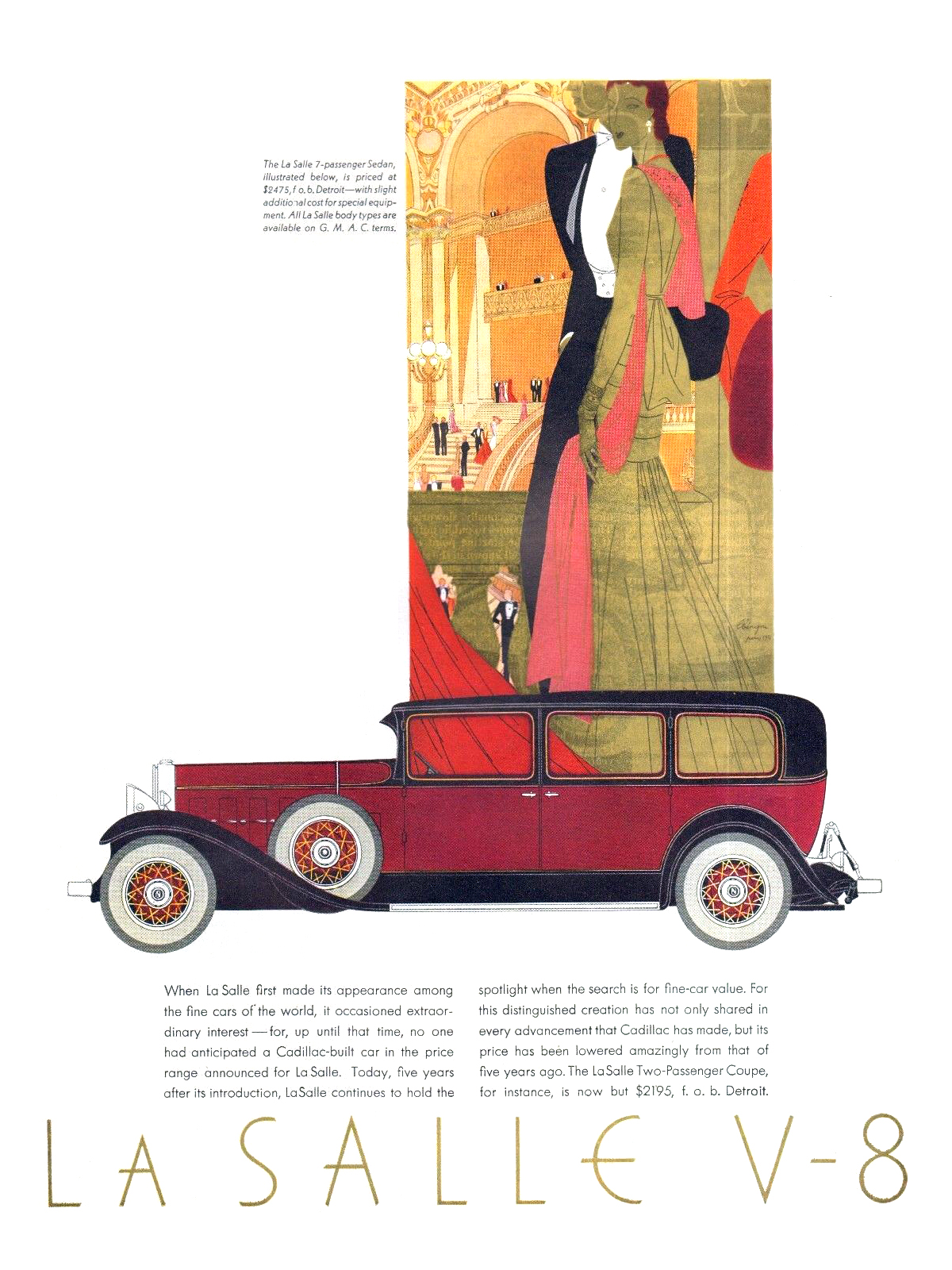 LaSalle V-8 Ad (1931): Seven-Passenger Sedan - Illustrated by Leon Benigni