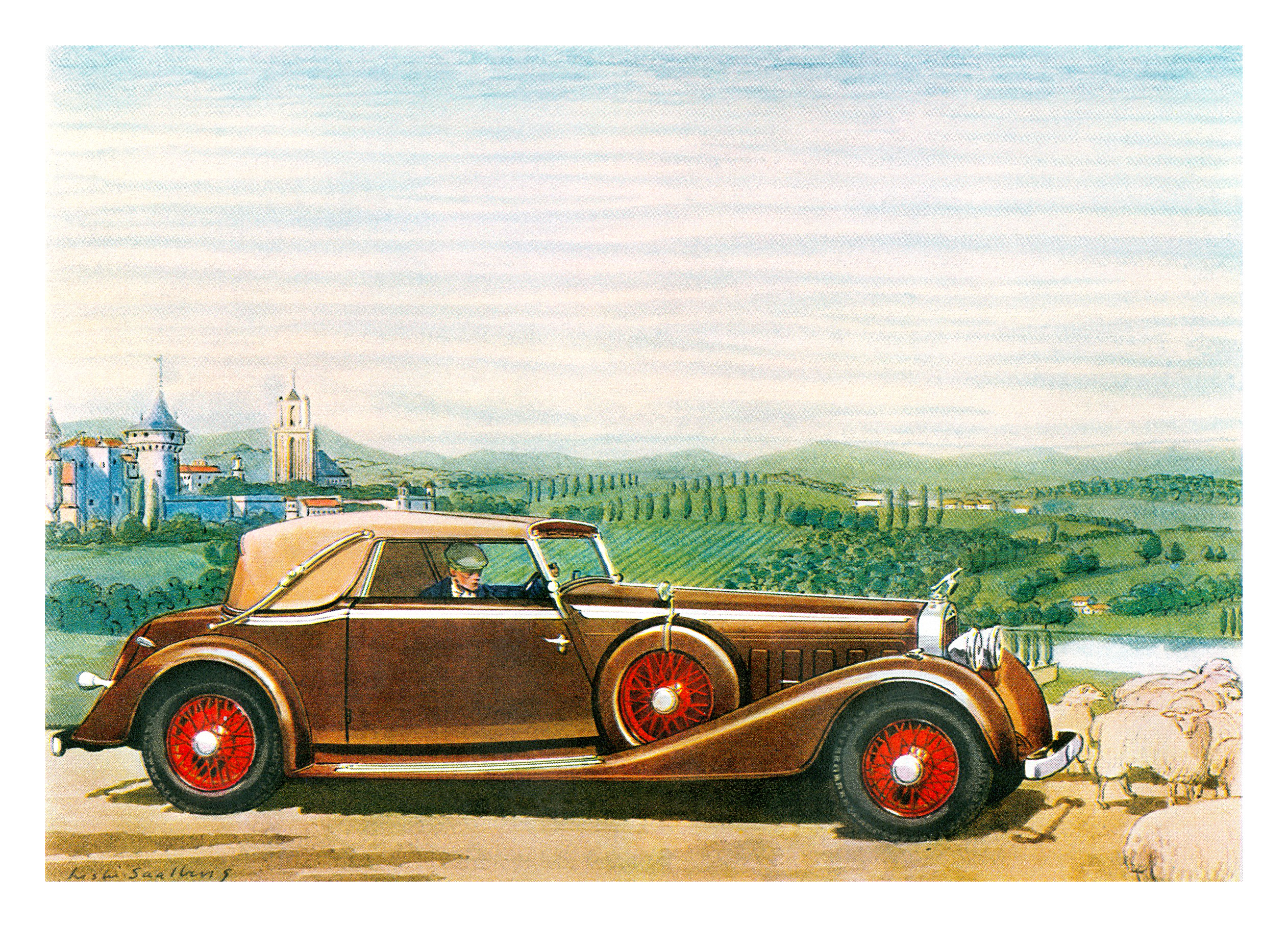 1935 Hispano-Suiza Convertible Coupe - Illustrated by Leslie Saalburg