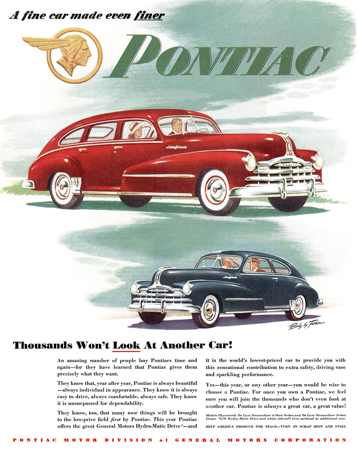 Pontiac DeLuxe Streamliner 4-door Sedan/Sedan-Coupe Ad (1948): Thousands Won't Look At Another Car!
