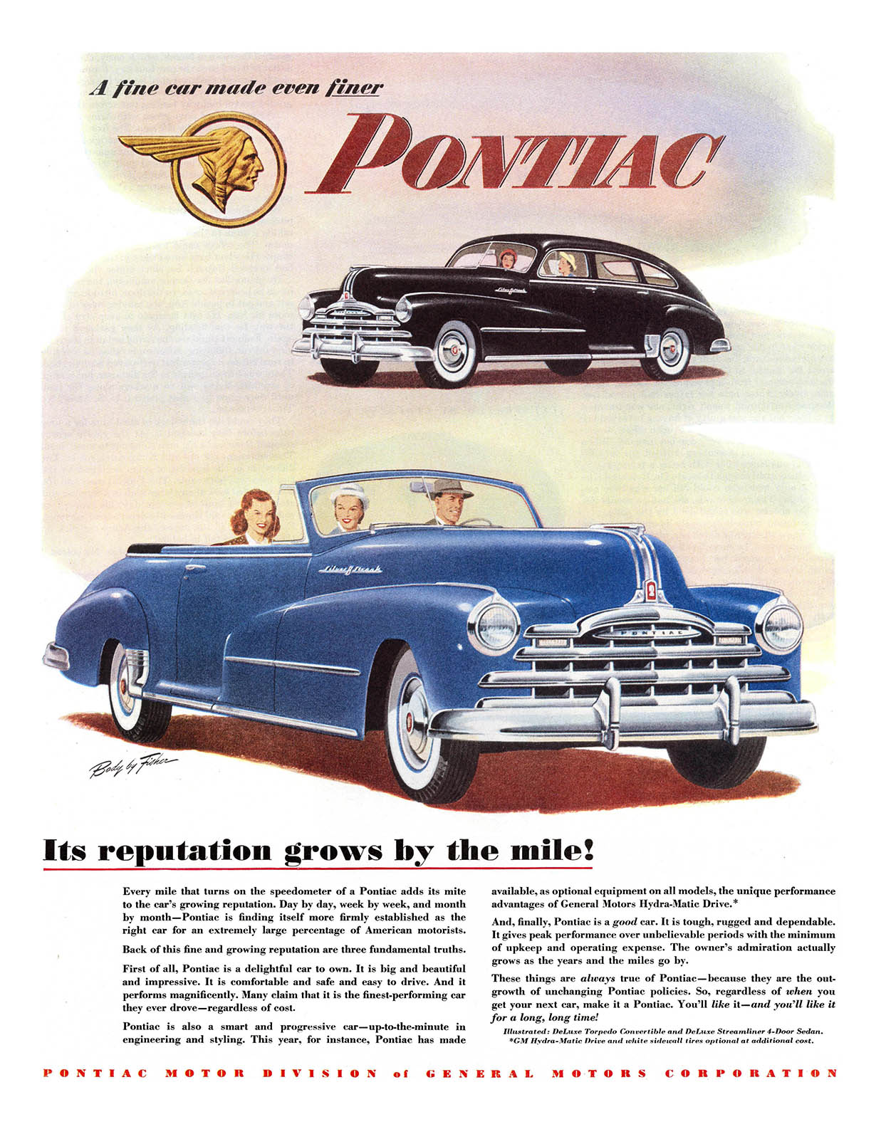 Pontiac DeLuxe Torpedo Convertible/Streamliner 4-door Sedan Ad (1948): Its reputation grows by the mile!