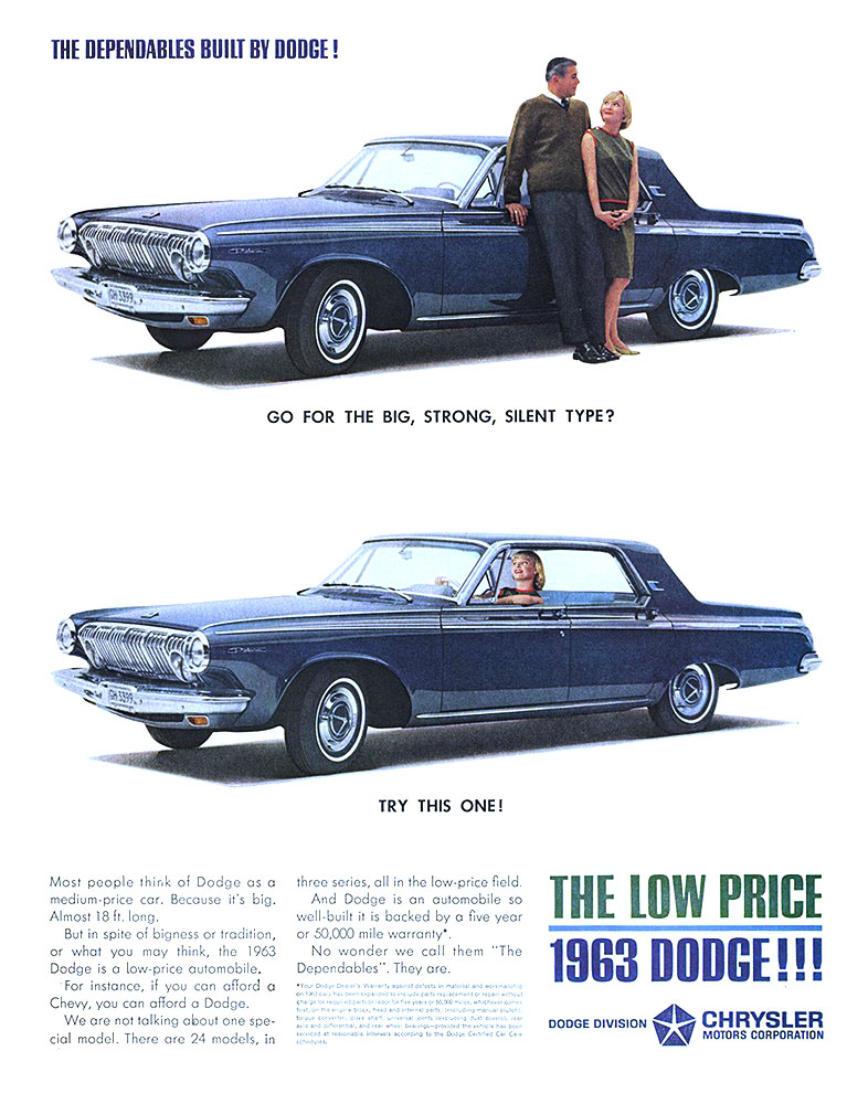 Dodge Polara 4-Door Hardtop Ad (March, 1963): The dependables built by Dodge! - Go for the big, strong, silent type? Try this one!