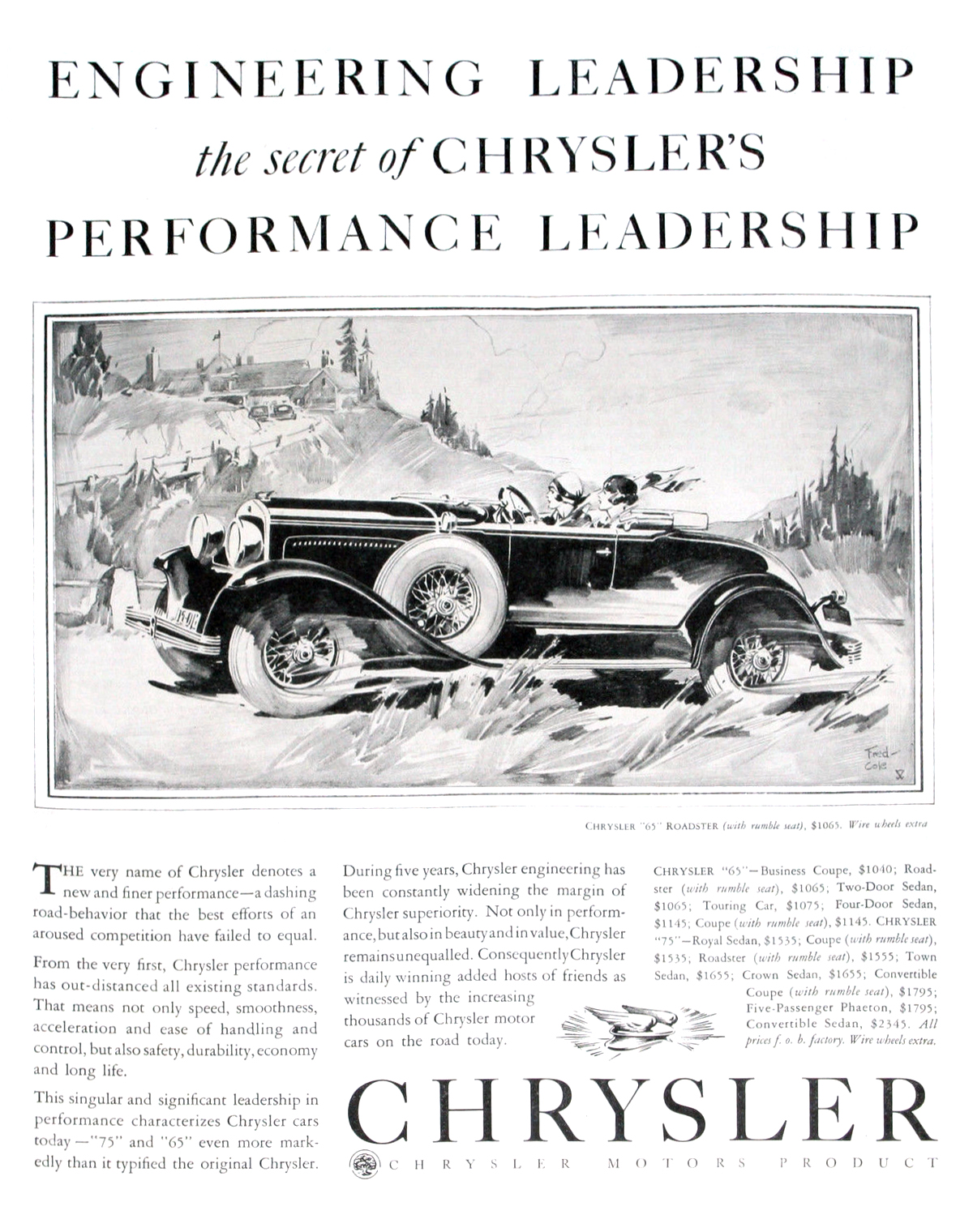 Chrysler "65" Roadster Ad (May, 1929) - Illustrated by Fred Cole