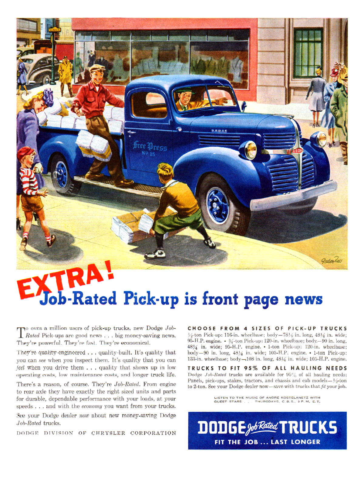 Dodge Trucks Ad (March, 1946): Extra! Job-Rated Pick-up is front page news - Illustrated by Gordon Ross