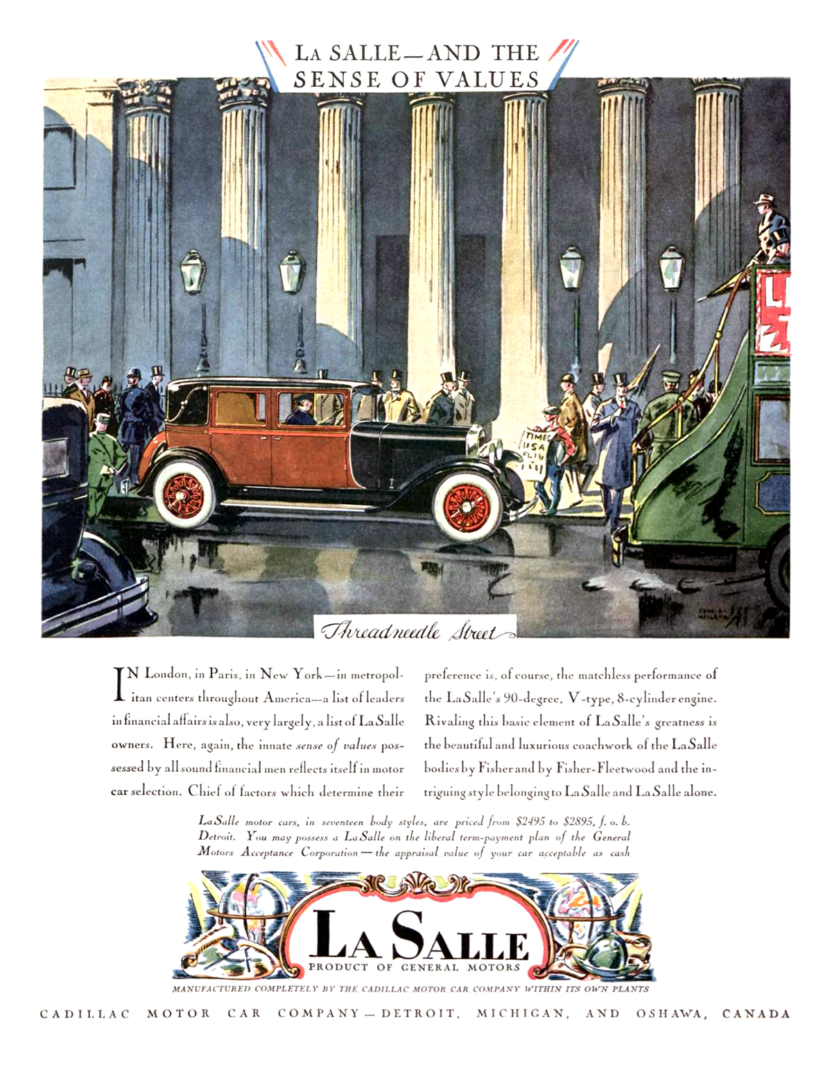 Cadillac/LaSalle Ad (January, 1929): Threadneedle Street - Illustrated by Edward A. Wilson