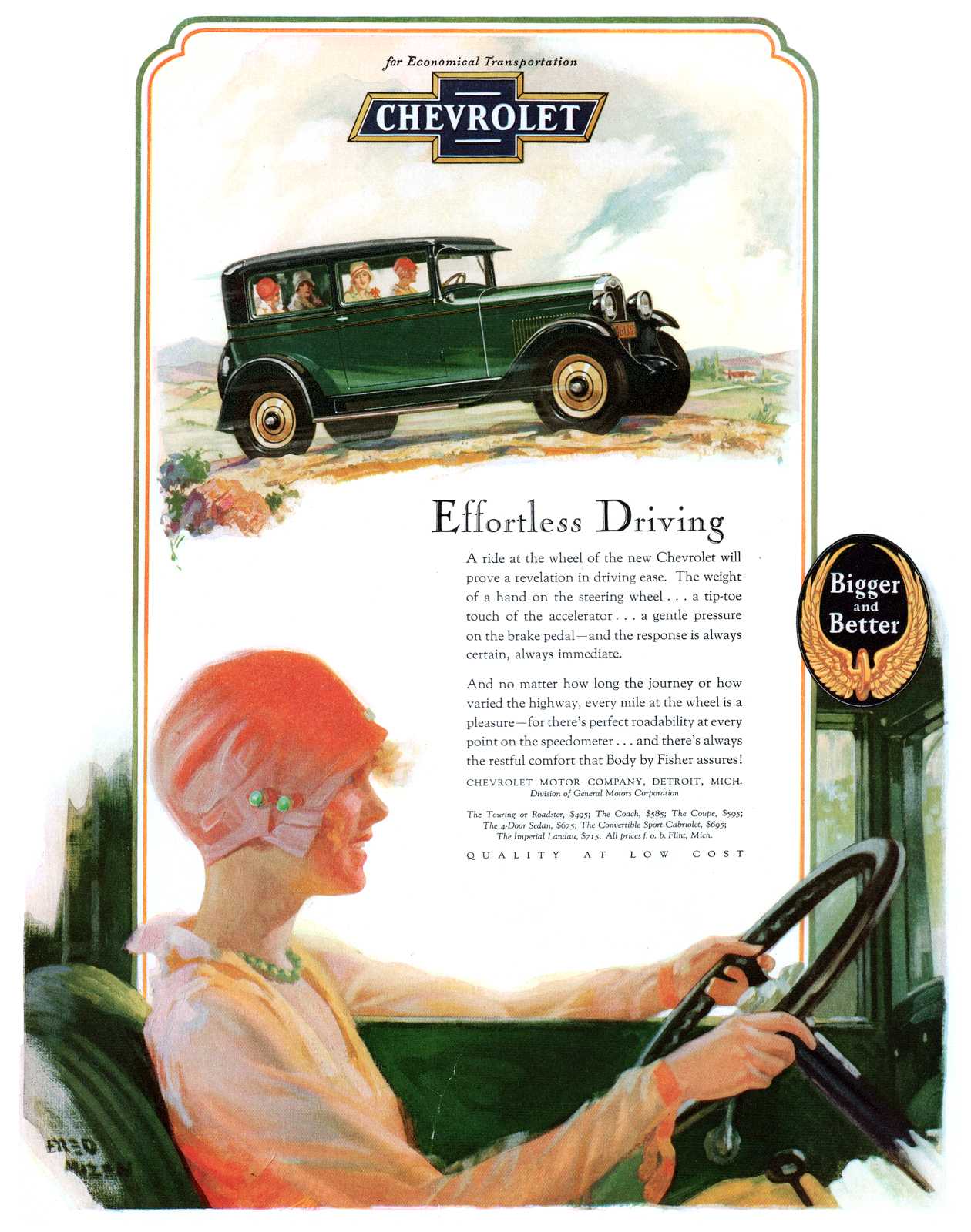 Chevrolet Ad (July, 1928): Effortless Driving - Illustrated by Fred Mizen