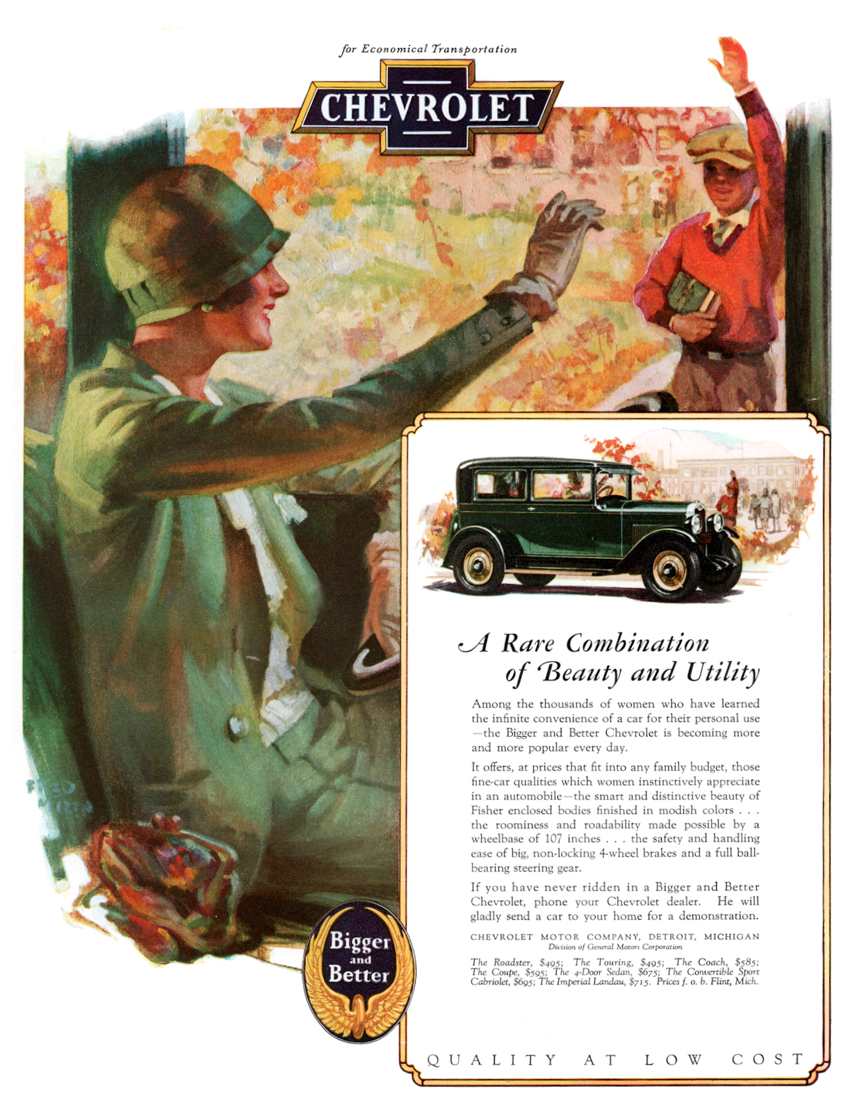 Chevrolet Ad (September, 1928): A Rare Combination of Beauty and Utility - Illustrated by Fred Mizen