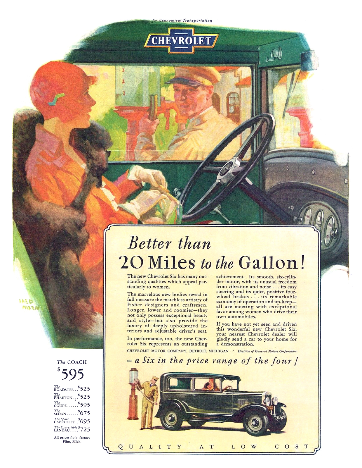 Chevrolet Six Coach Ad (March, 1929): Better than 20 Miles to the Gallon! - Illustrated by Fred Mizen