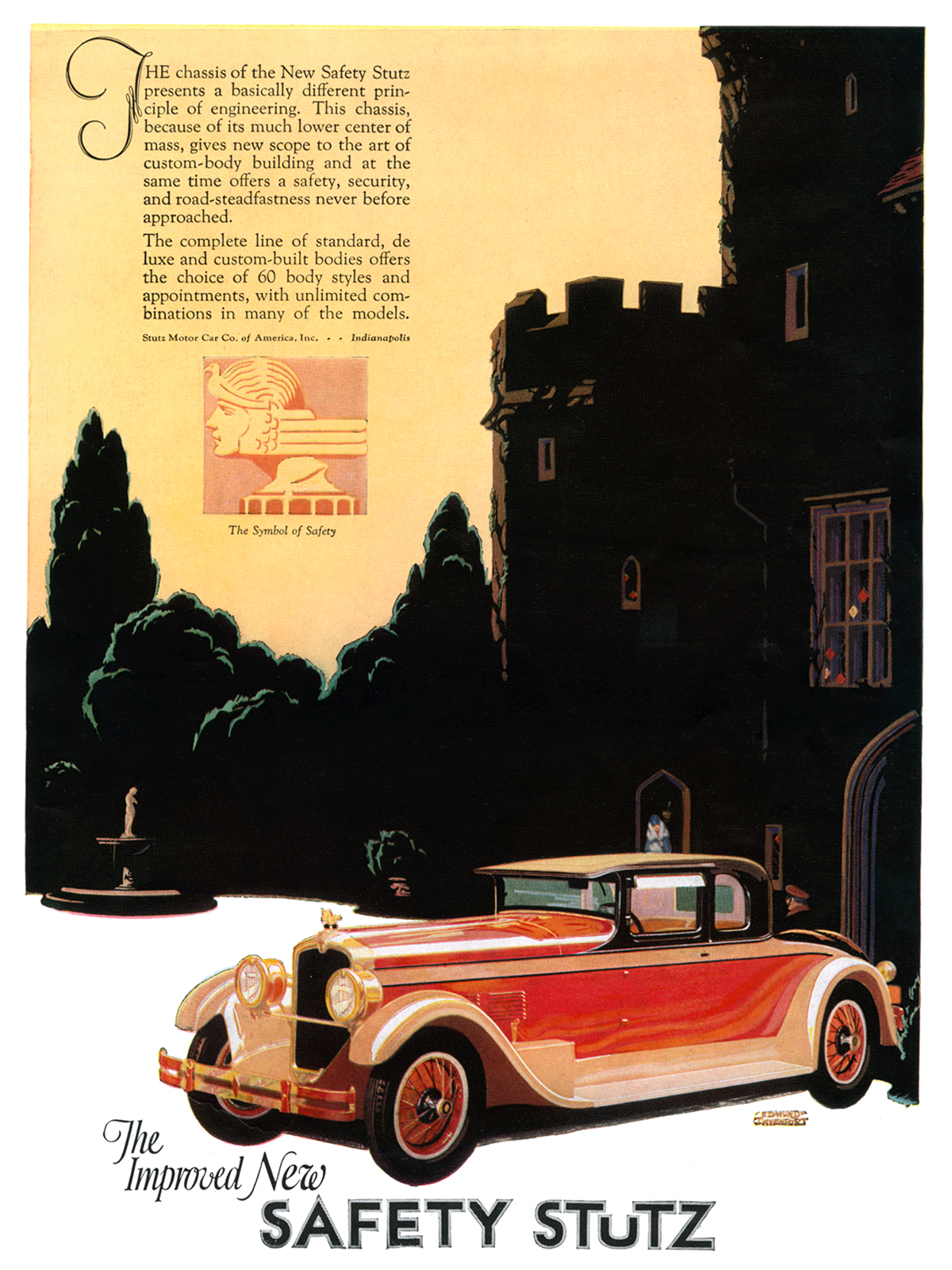 The Improved New Safety Stutz Ad (April, 1927): Vertical Eight Coupe - Illustrated by Edmund Davenport