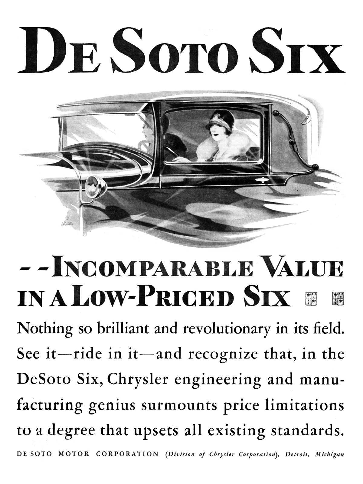 DeSoto Six Ad (September, 1928): Incomparable Value in a Low-Priced Six - Illustrated by George Shepherd