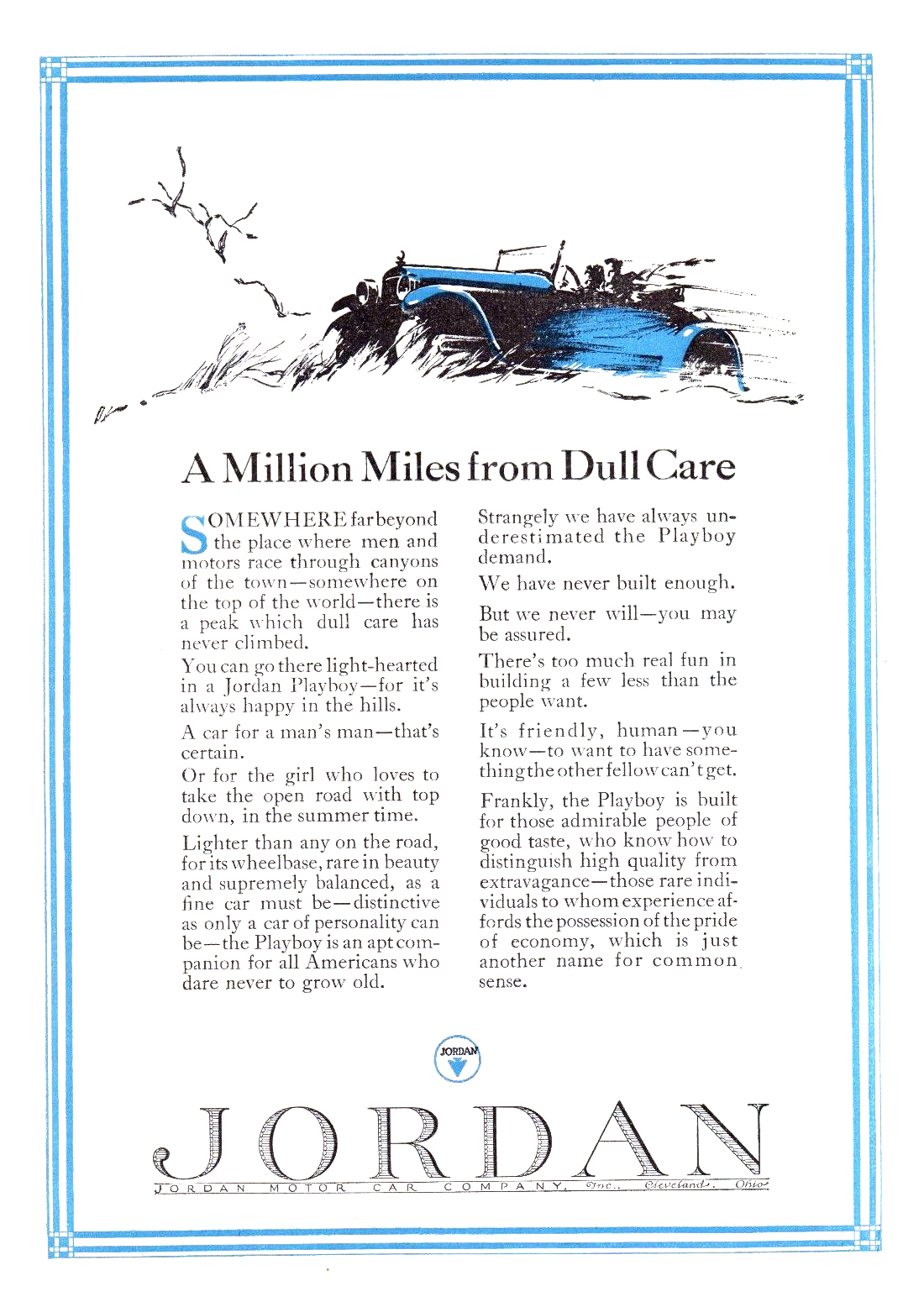 Jordan Playboy Ad (1923): A Million Miles from Dull Care - Illustrated by Fred Cole
