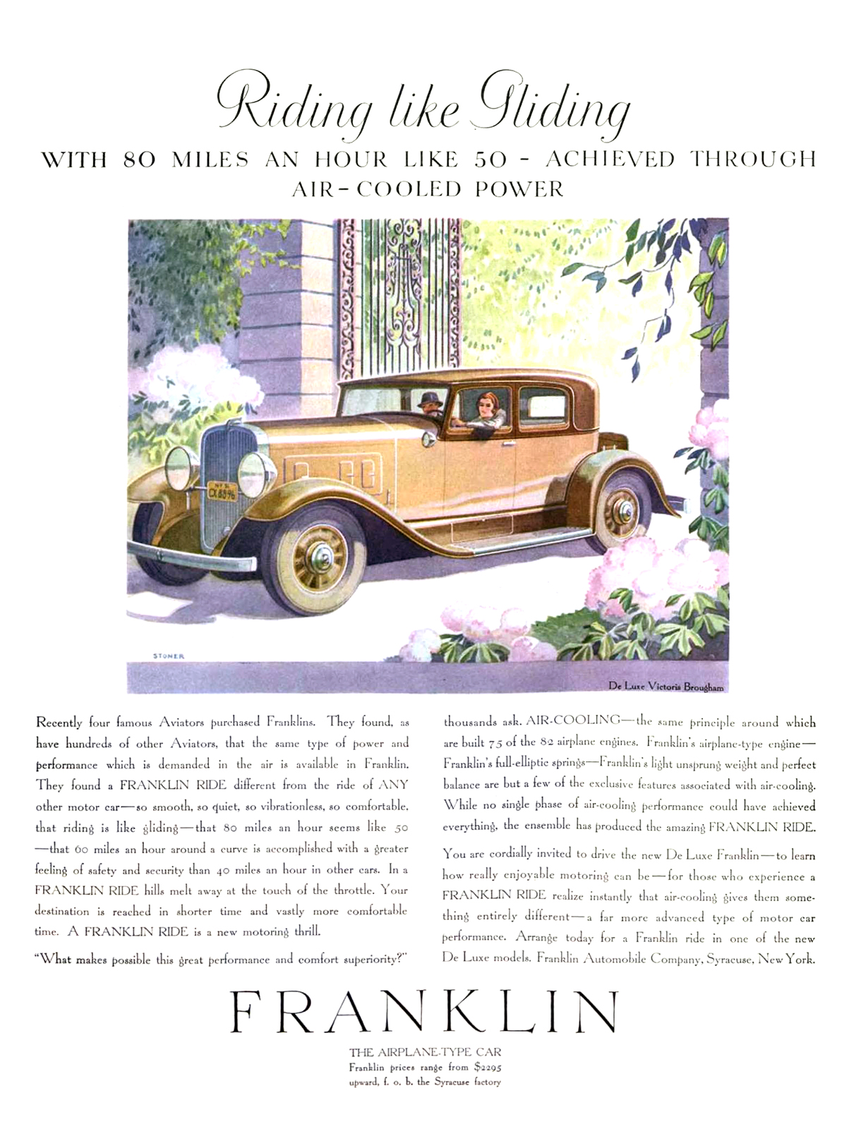 Franklin DeLuxe Victoria Brougham Ad (May, 1931): Riding like Gliding - Illustrated by Elmer Stoner