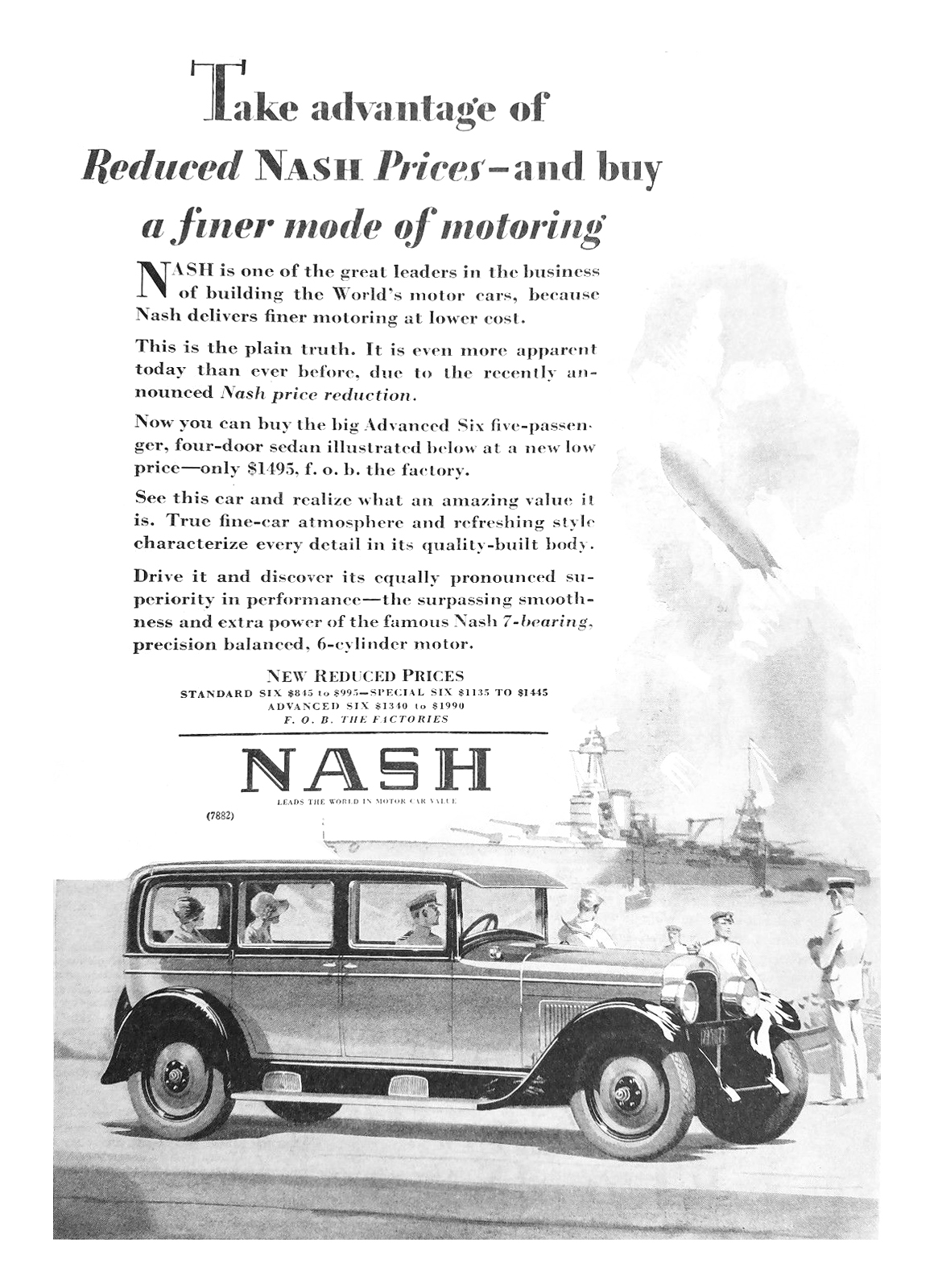 Nash Advanced Six Five-Passenger Four-Door Sedan Ad (April, 1928)