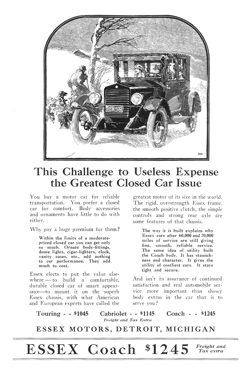 Essex Coach Ad (November, 1922): Illustrated by Roy Frederic Heinrich - This Challenge to Useless Expence the Greatest Closed Car Issue