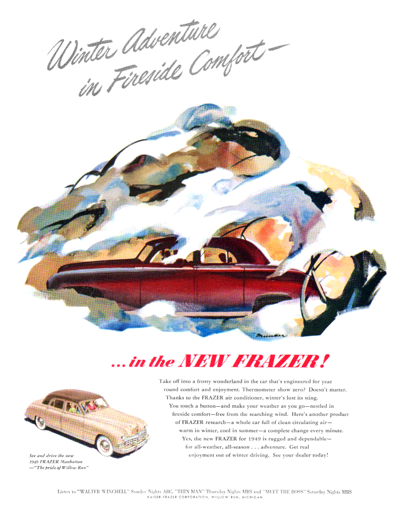 1949 Frazer Manhattan Ad (January, 1949) - Winter Adventure in Fireside Comfort