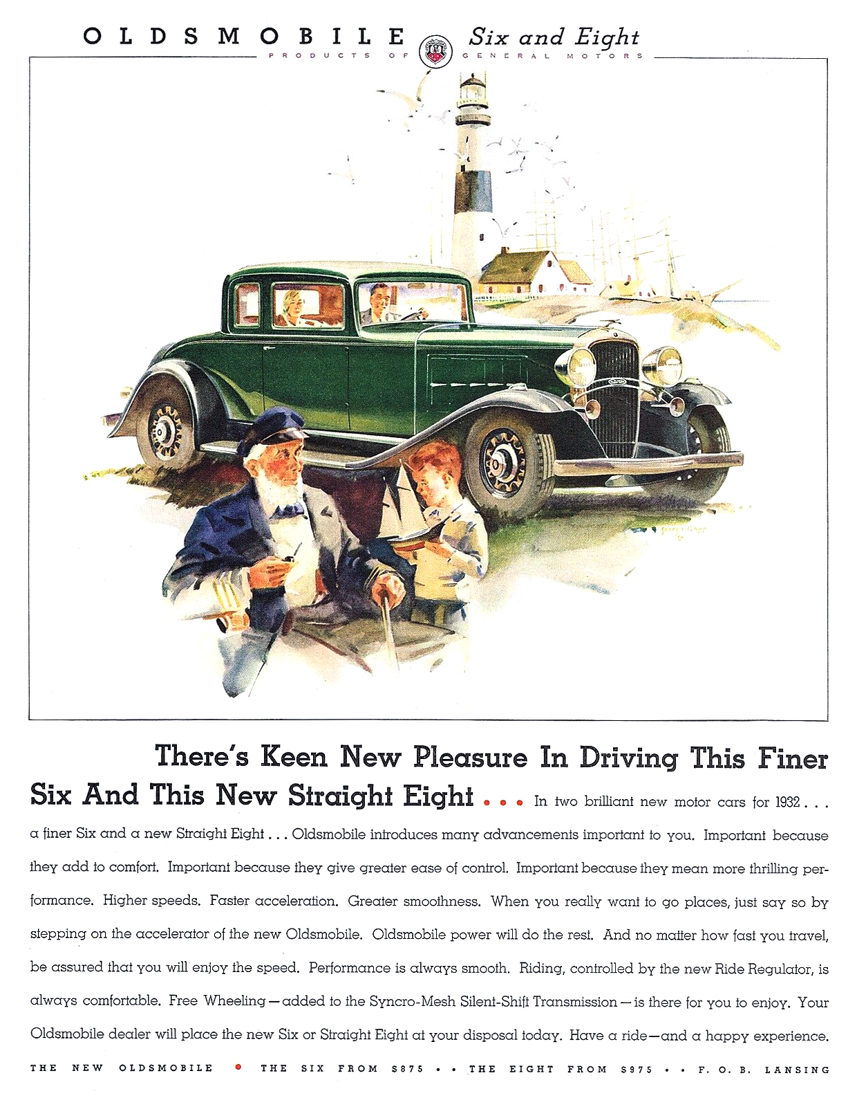 Oldsmobile Business Coupe Ad (April, 1932): Illustrated by George Rapp