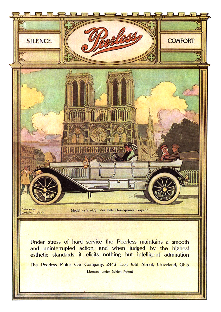 Peerless Model 32 Six-Cylinder Fifty Horse-power Torpedo Ad (February, 1911): Notre-Dame Cathedral, Paris