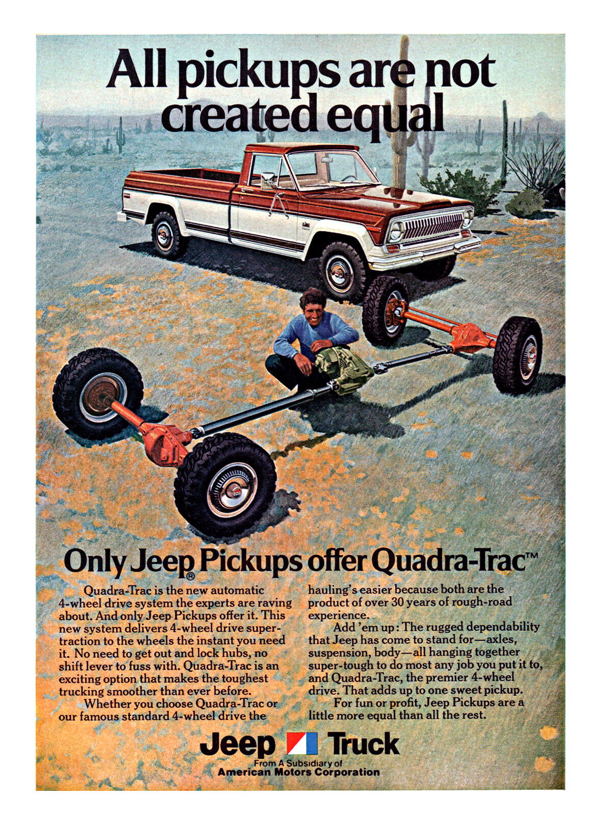 '74 Jeep Truck Ad – All pickups are not created equal – Only Jeep Pickups offer Quadra-Trac™