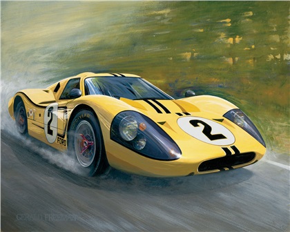 “Yellow GT40” depicts the Ford GT40 Mk IV that finished fourth in the 1967 Le Mans - Art By Gerald Freeman