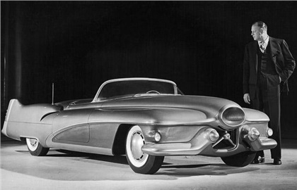 1950: Harley J Earl, vice president in charge of styling at General Motors, looks over the full scale model of the 1951 Buick Le Sabre sports car