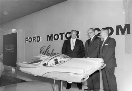 3/8th scale Ford X-1000. Tremulis flanked by George Walker and someone who looks like it could be Robert McNamara. Dated 12-21-1955 