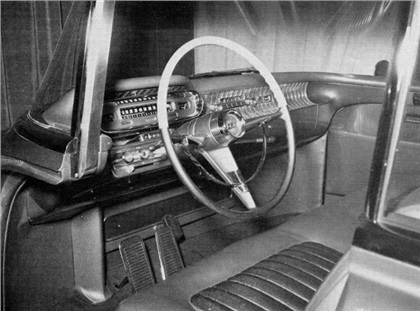 GMC L'Universelle Experimental Truck, 1955 - This interior shot of L'Universelle shows a smartly appointed passenger compartment with an easy to read dash and stainless mesh trim. Floor mats were used instead of carpeting. Note the emergency brake lever to the right of the accelerator pedal.