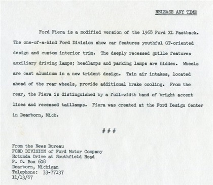 Ford Fiera, 1968 - Press Release